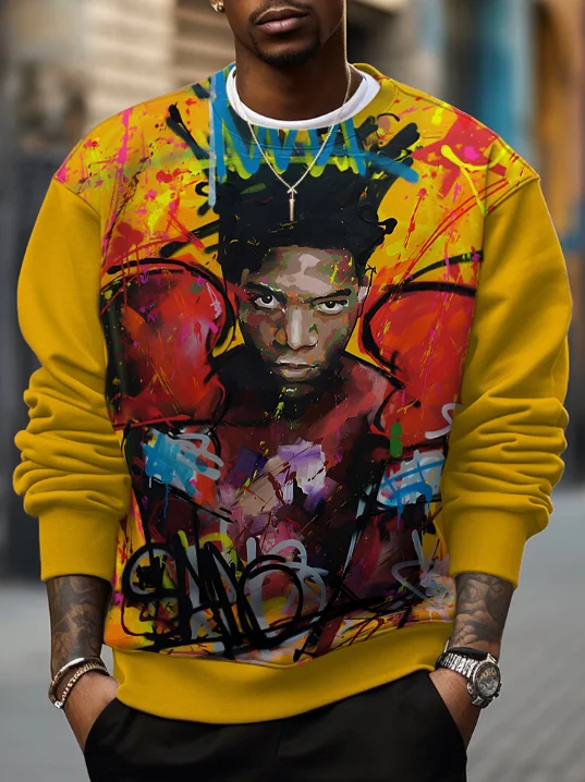 Men's Black Boxer Boy Graffiti Print Casual Sweatshirt