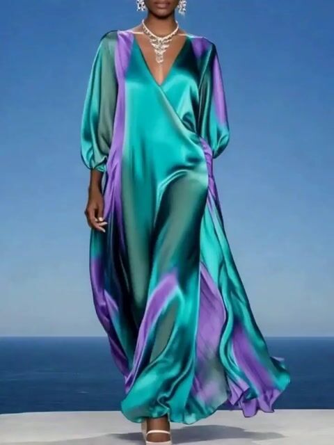 Women Green Oversized Tie Dye Silk Robe Dresses Bracelet Sleeve