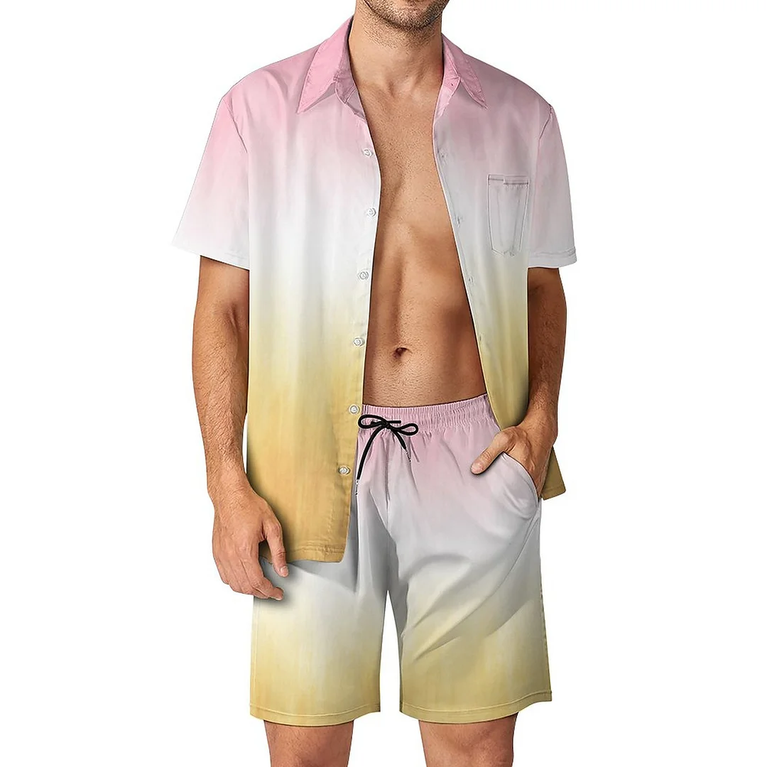 Pink And Yellow Painting Brush Strokes Modern Art Men Hawaiian Button Down 2 Piece Shirt Shorts Set Beach Tropical Hawaii Suits