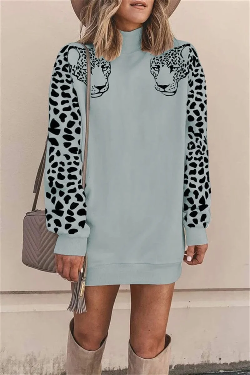 Casual Fashion High Collar Leopard Dress