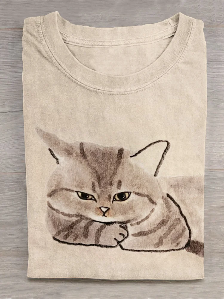 Funny Cat Art Print Casual T-shirt