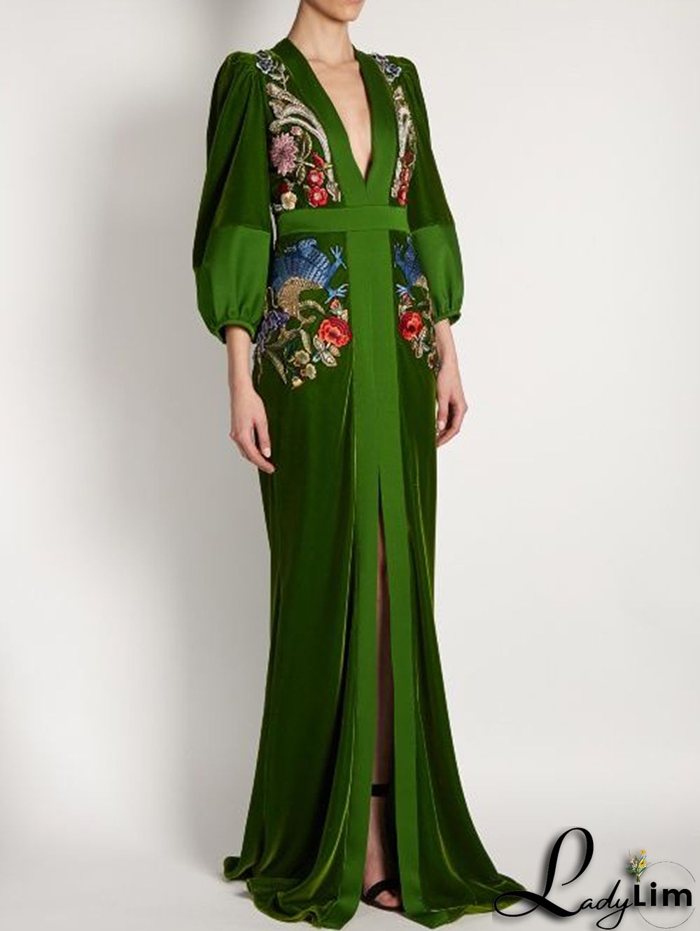 Elegant Floral Deep V Neck High Slit Velvet Maxi Dress