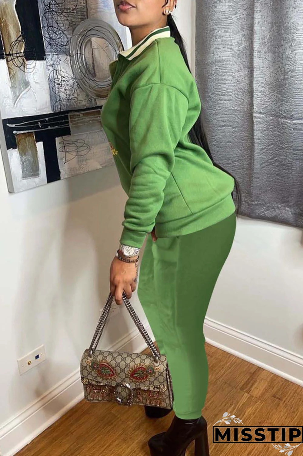 Black Casual Print Patchwork Turndown Collar Long Sleeve Two Pieces