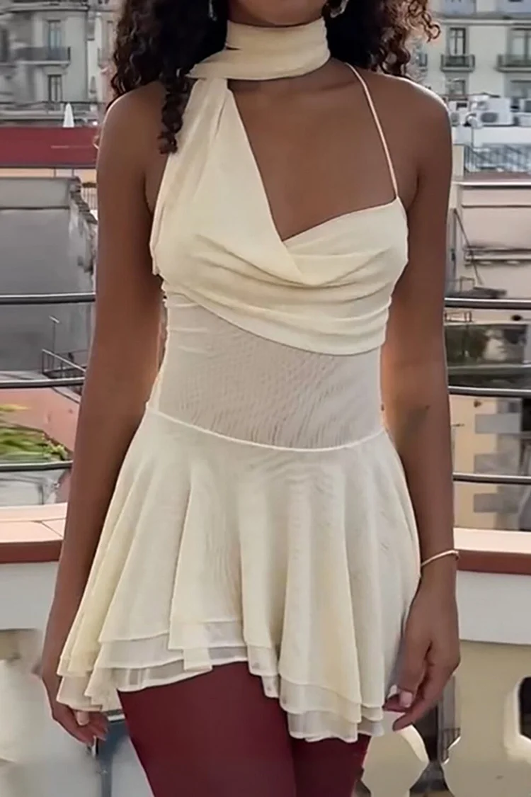 High Neck Halter Scarf Sleeveless Tiered Irregular Hem Mini Dresses-Beige