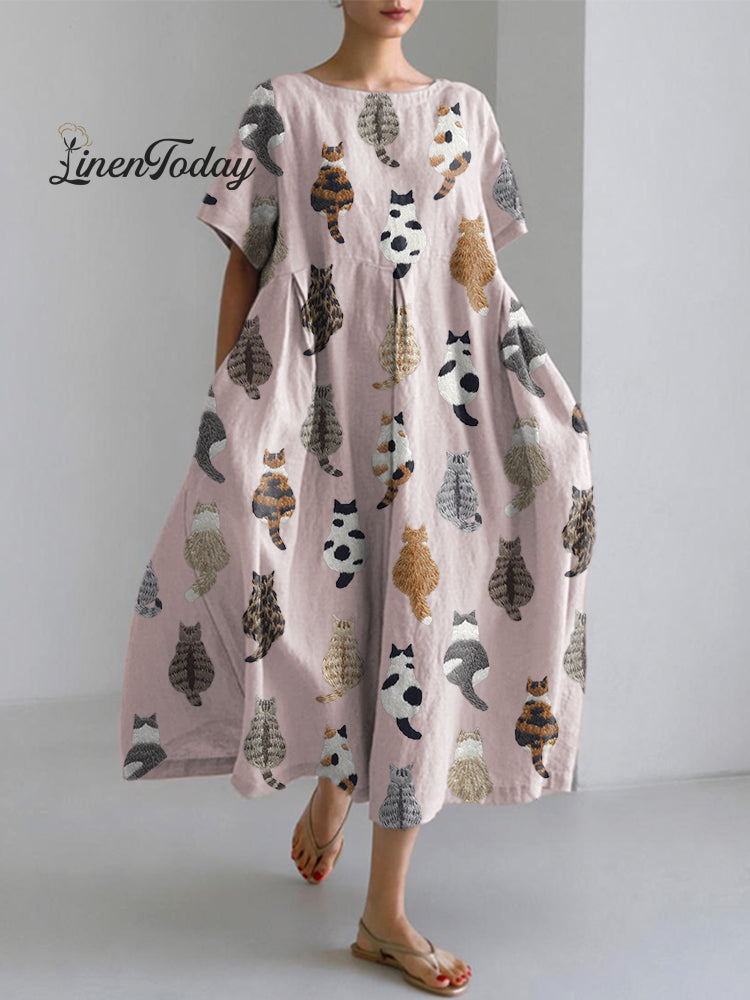 Cute Cats Embroidery Pattern Linen Blend Dress Pink / S