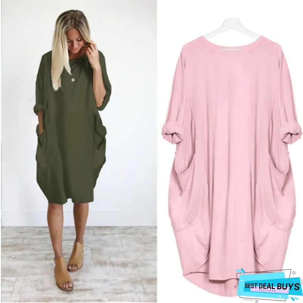 Women's Casual Loose Pocket Long-Sleeved Plus-Size Dress
