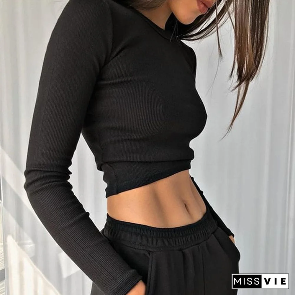 O Neck Long Sleeve Shirt Women Ribbed Sexy Cropped Tops Spring Black Casual Skinny Slim Basic Woman T Shirts White