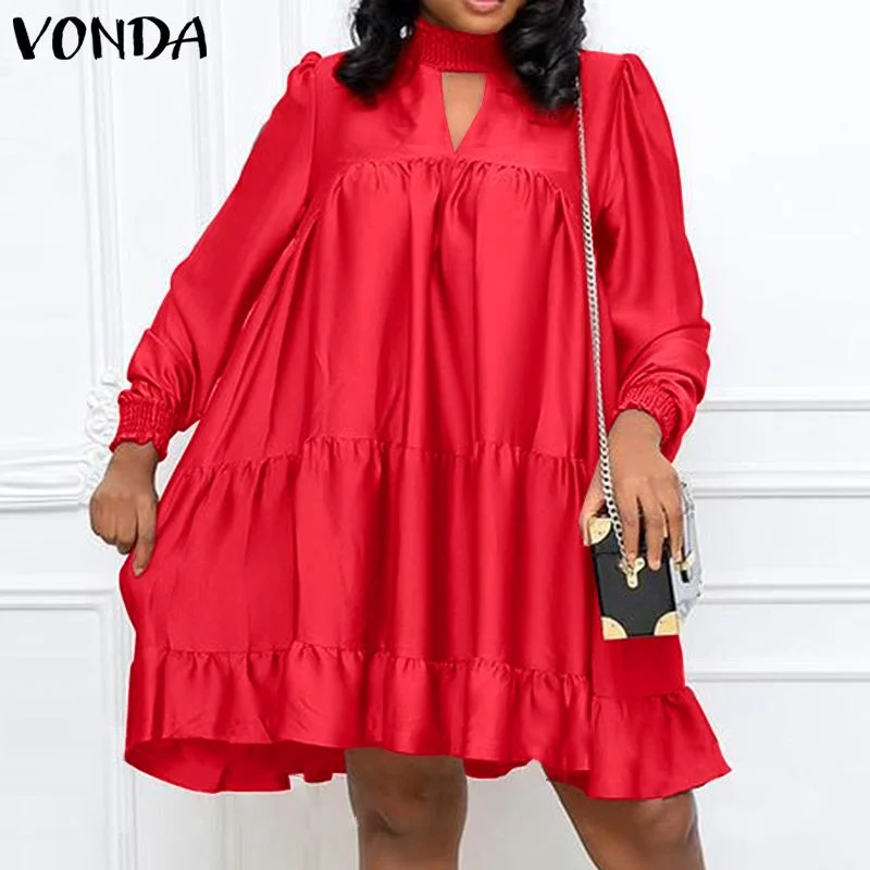Women Satin Shirt Dress Elegant Knee-Length Dress 2022 VONDA Female Casual Solid Color Lace Long Sleeve Vestido  Robe