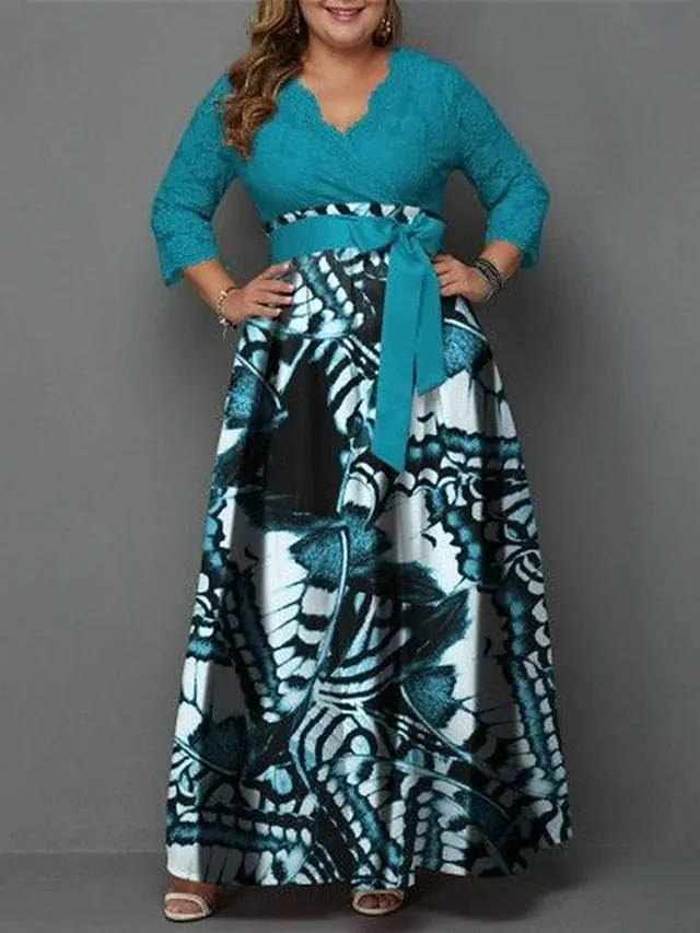 Plus Size Casual Dress-Lace Swing Butterfly Long Maxi Length Sleeve Neck Fashion Outdoor
