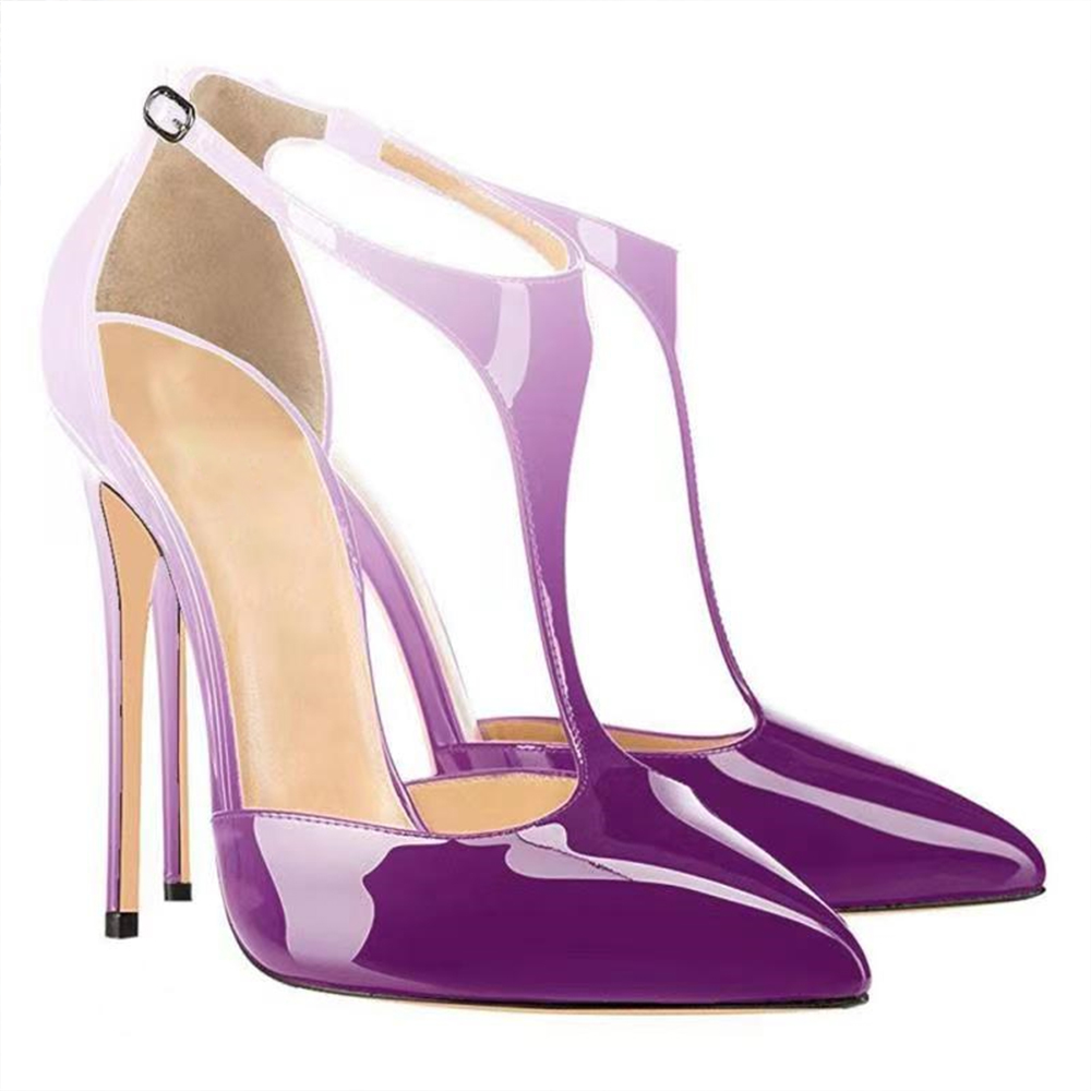 120mm Womens T-Strap Pumps High Heels White Purple Patent Pumps-vocosishoes
