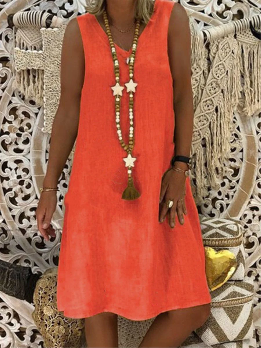 Women's Sleeveless V-neck Solid Color Midi Dress