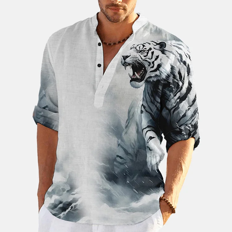 Men's Animal Pattern Buttons Half Placket Casual Henley Shirt
