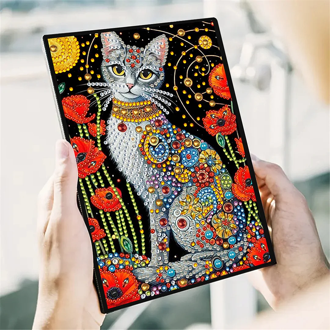 DIY Flower Diamond Painting Journals Notebooks 50 Pages A5 No Lines Special Shaped Diamond Art Kits for Beginners Craft Lovers and Artists (Cat and Flower)
