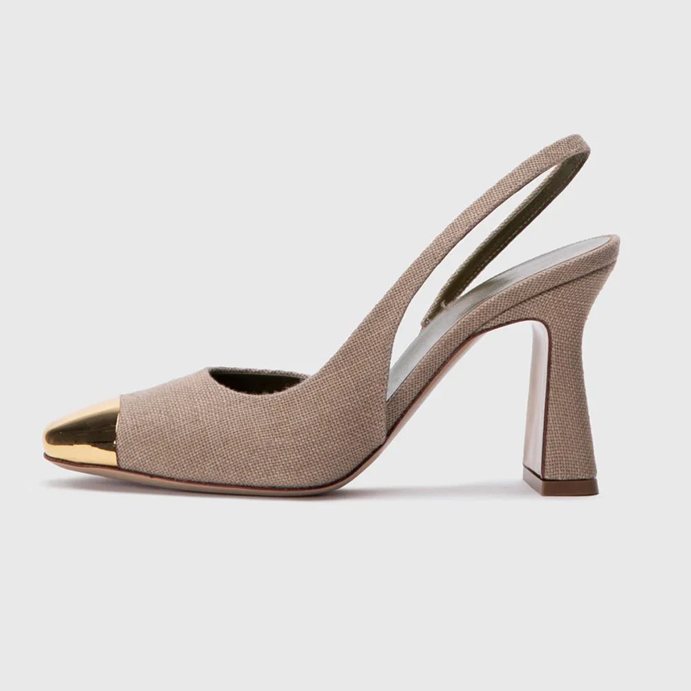 Taupe Canvas Chunky Heel Slingback Metal Square Toe Pumps Shoes