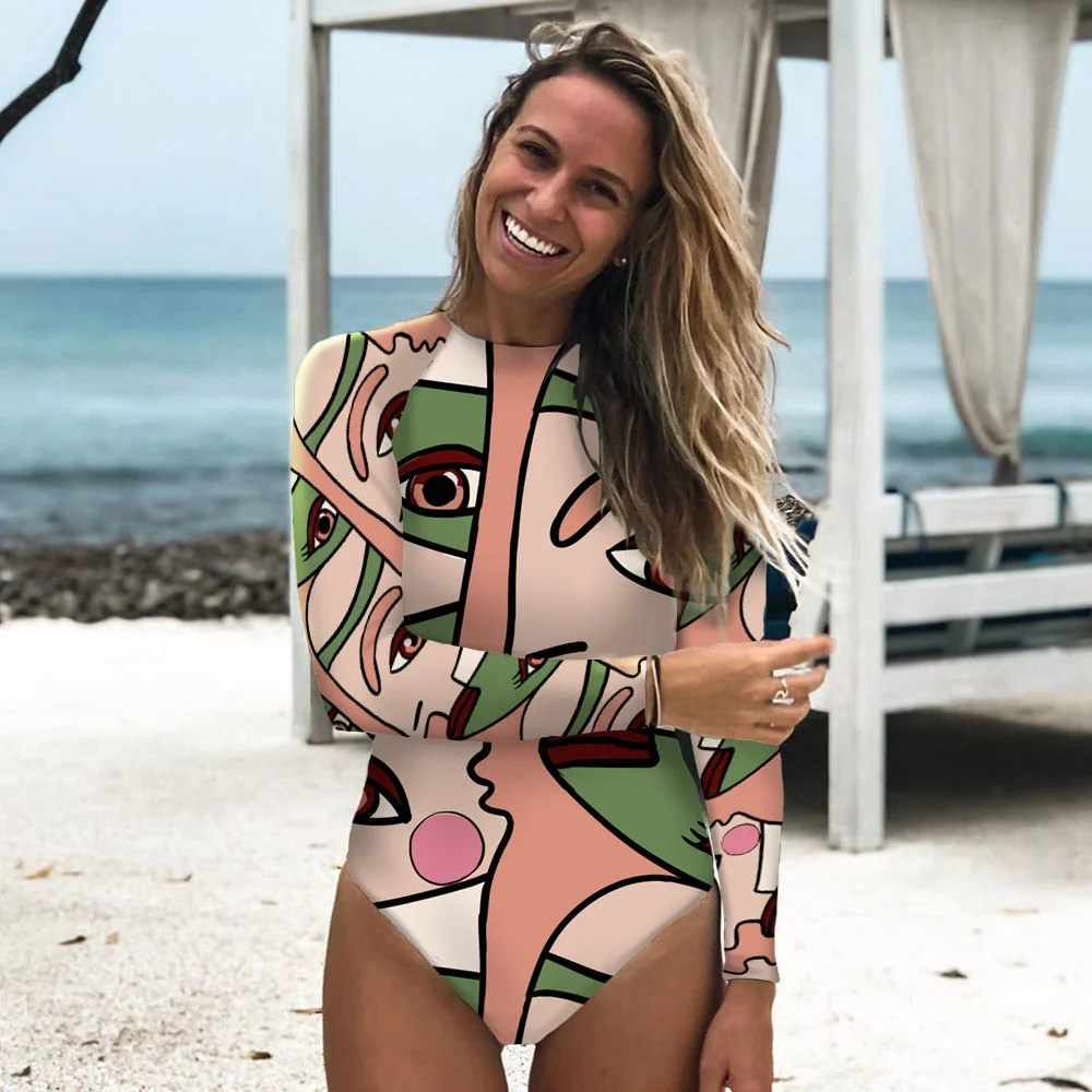 2021 Swimwear Women Print Floral One Piece Swimsuit Long Sleeve Bathing Suit Retro Swimsuit Vintage Beach wear Surfing Swim Suit