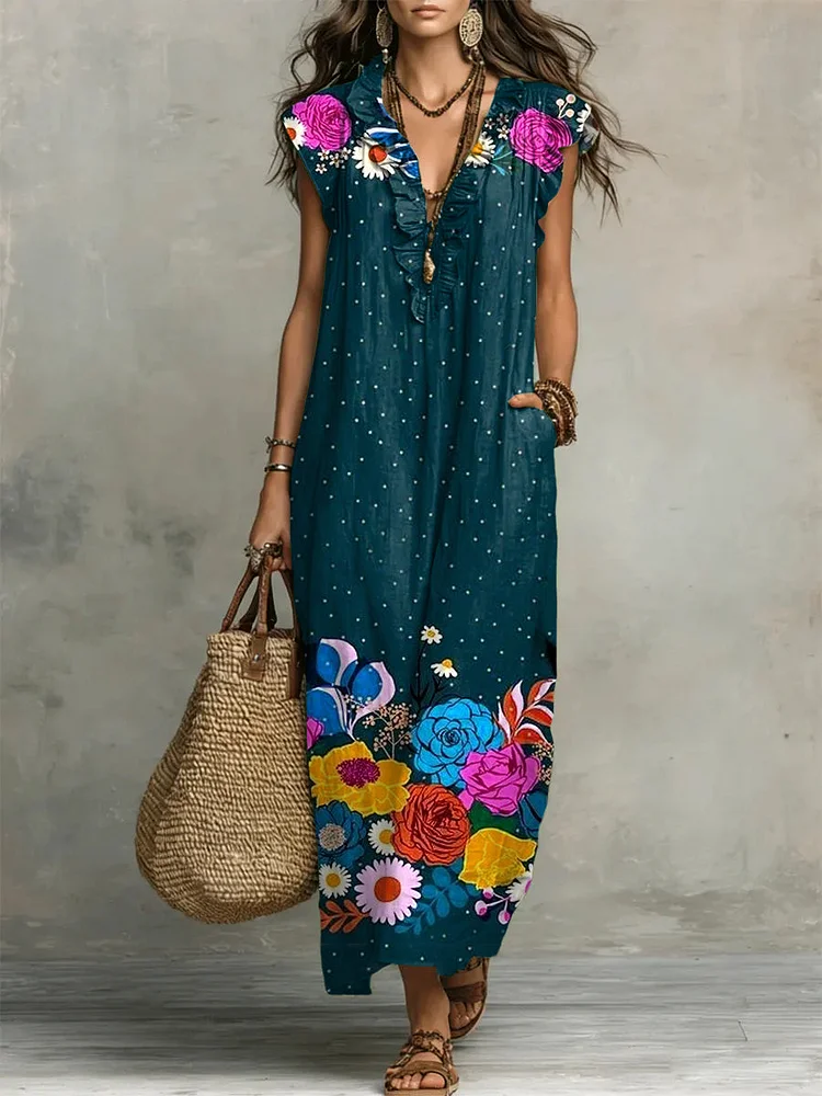 Women's Retro Floral Pattern Art Print Casual Ruffled Stylish Cotton Linen Dress