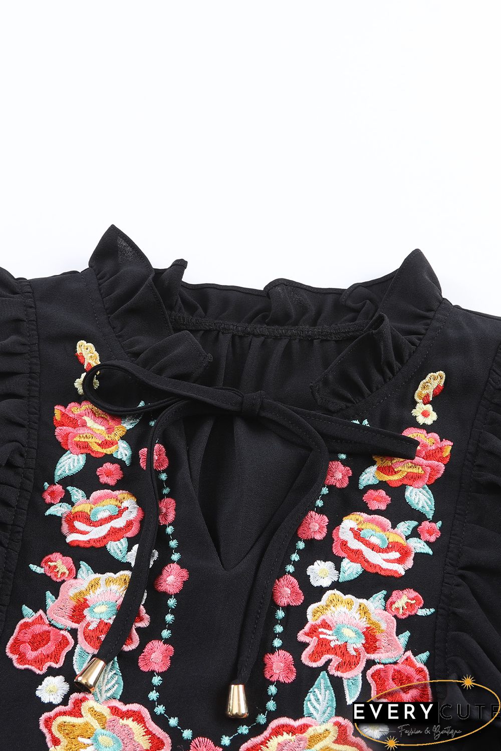 Black Floral Embroidered Ruffle Sleeve Shift Dress