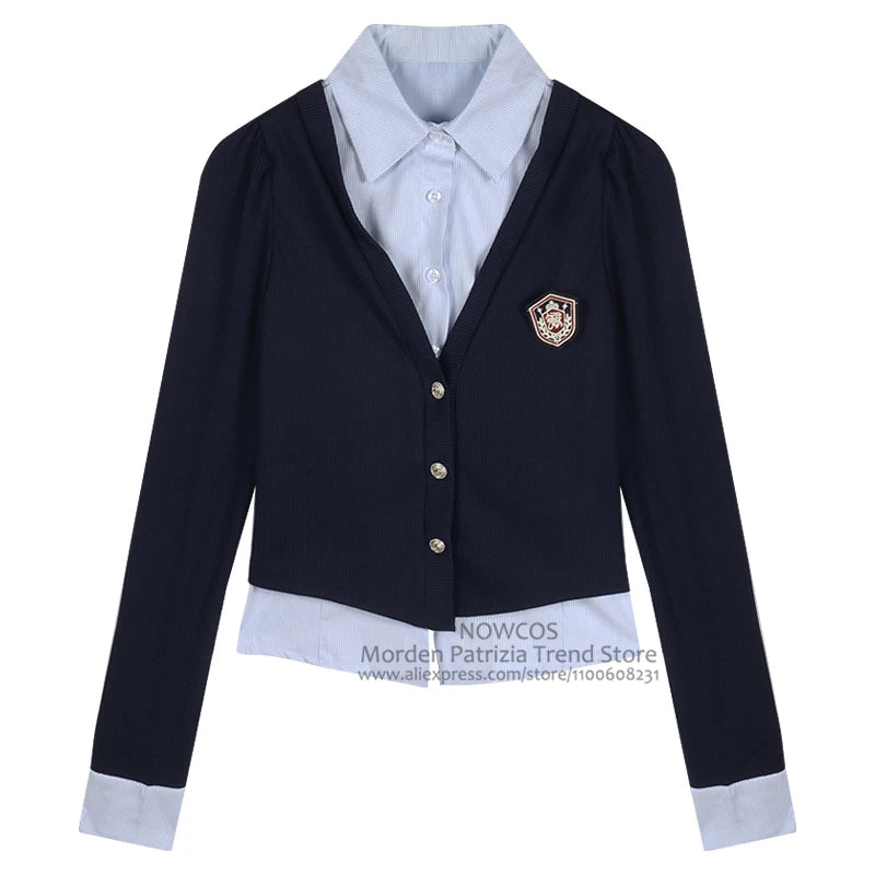 Preppy Style 2024 New Spring Women Korean JK Uniform Set Long Sleeve Navy Mock Two-Piece Shirt Top Jacket A line Skirt Suit Girl Aiertu