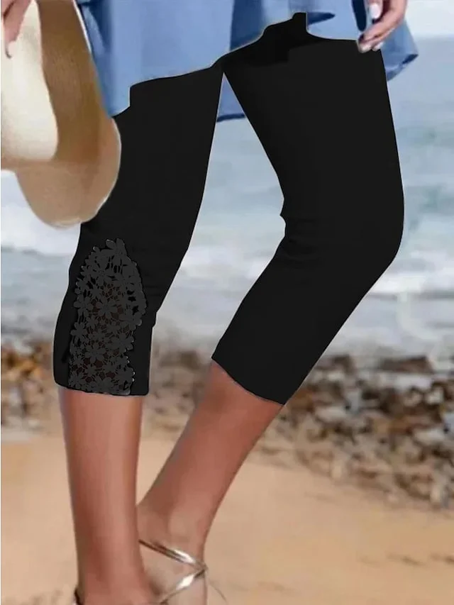 Women's Capri shorts Black White Fashion Casual Daily Lace Calf-Length Tummy Control Plain S M L XL 2XL socialshop