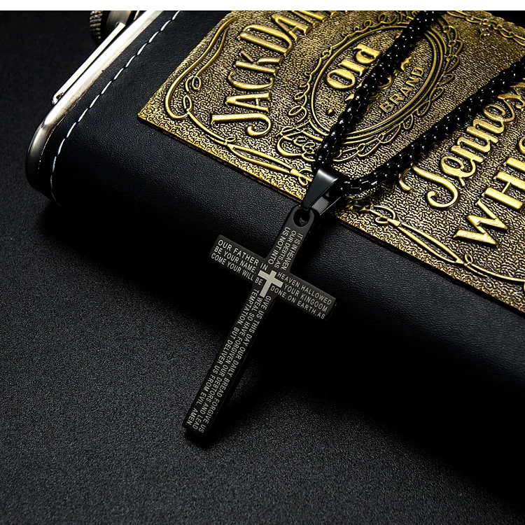 Father's Day Gift Retro Christian Jesus Single Titanium Scripture Cross Necklace Stainless Steel Black Prayer Choker Cross Pendants