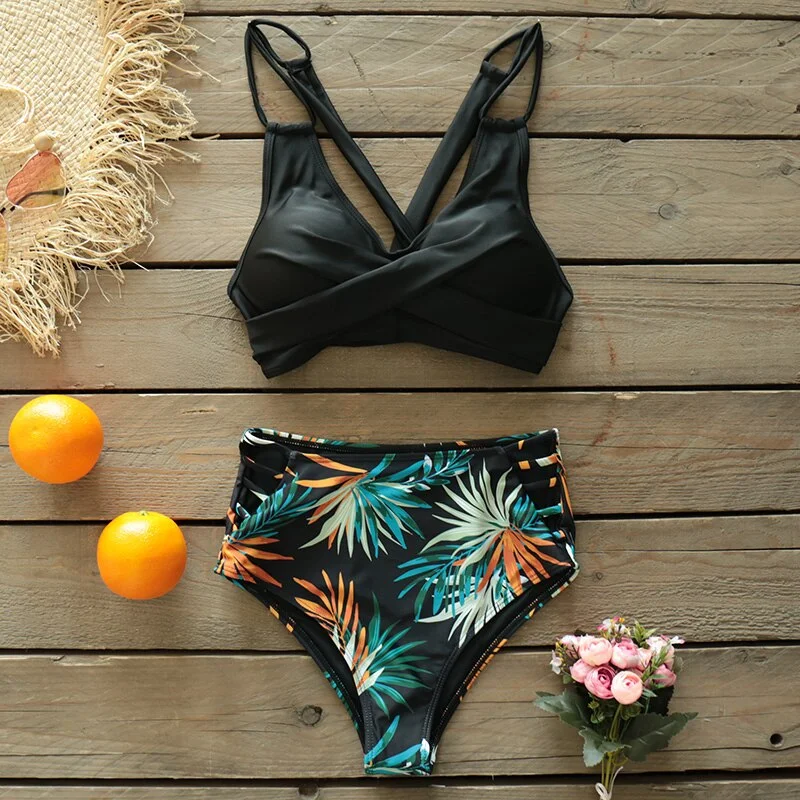 Sexy High Waist Bikini Set 2021 New Push Up Bandage Swimwear Women Print Floral Two Pieces Swimsuit Beach Wear Strappy biquini