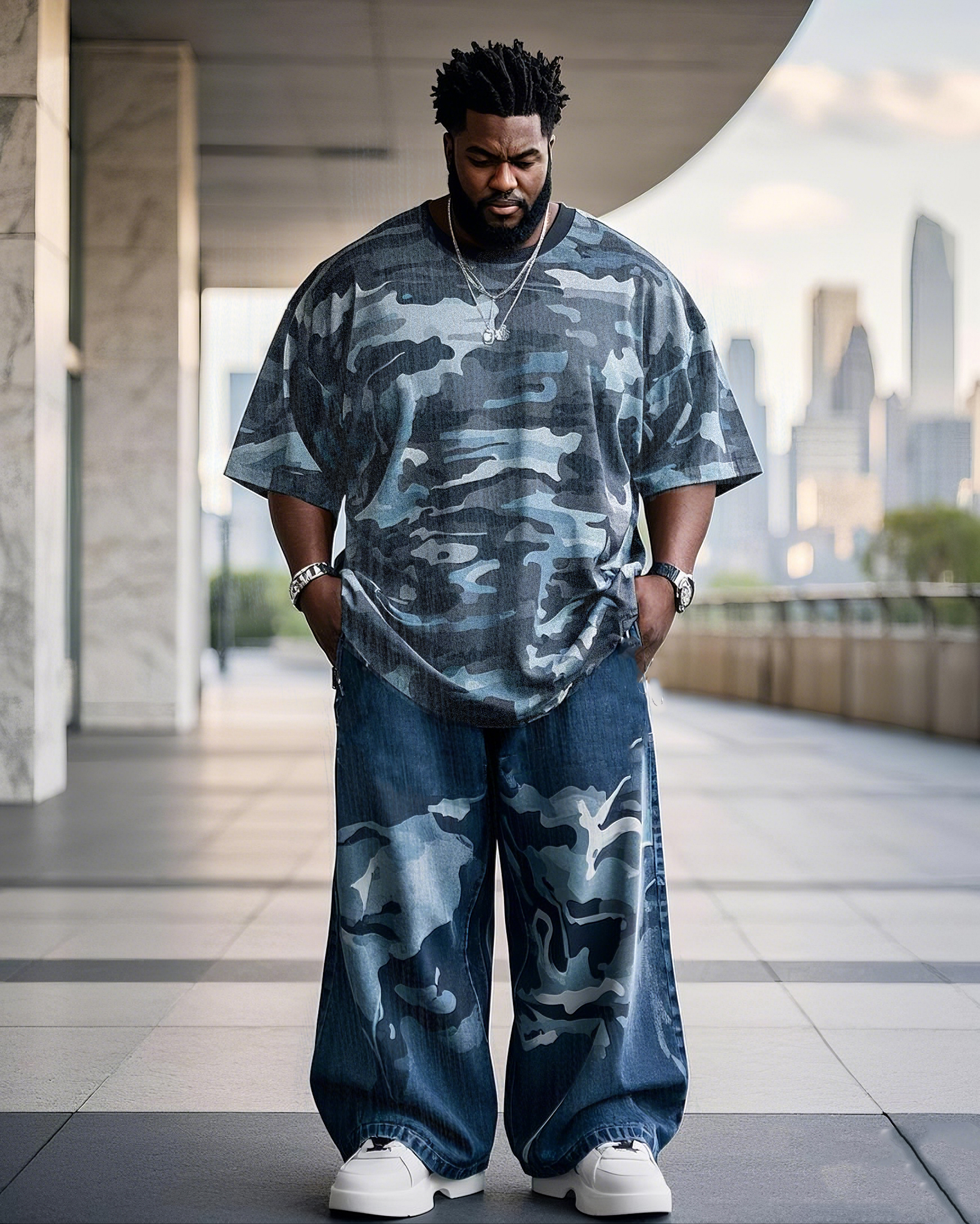 Plus Size Men's Navy Color Camouflage Print Casual Short Sleeve T-shirt Pants Suit