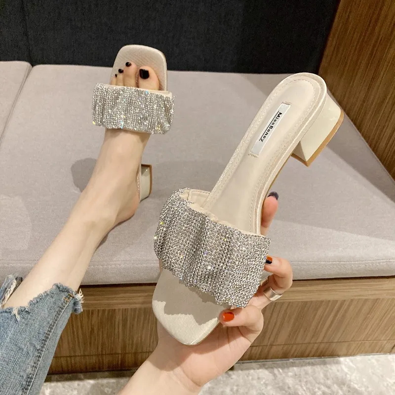 Breakj Breakj Temperament Famous Woman Summer Slippers French Small Heel Low Heel 3 Cm Black Water Drill Fashion Wearing Sandals