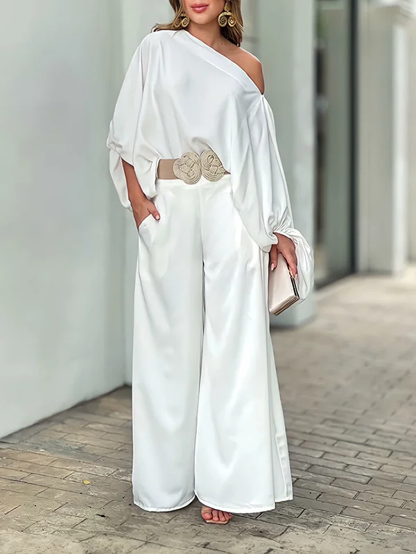 Solid Color Cap Sleeve Loose Off-the-shoulder Two Pieces Set Pants Set Pants Blouses