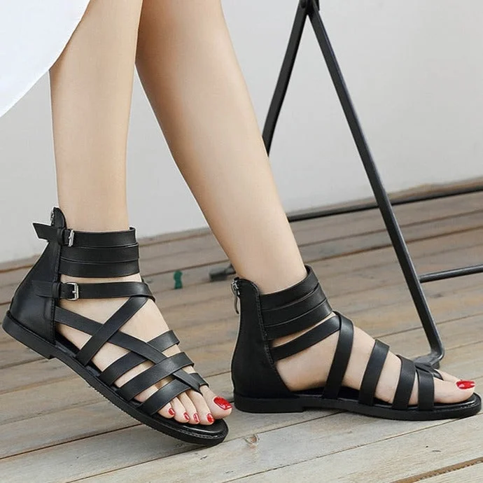 High Top Sandals for Women with Flat Heels Roman Style Cross Tied Back Zipper Summer Beach Shoes Black Wild Casual