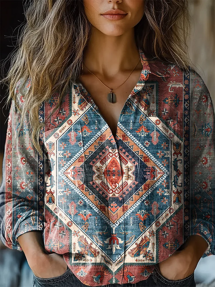 Women's Vintage Aztec Print Casual Long Sleeve Comfortable Cotton Shirt