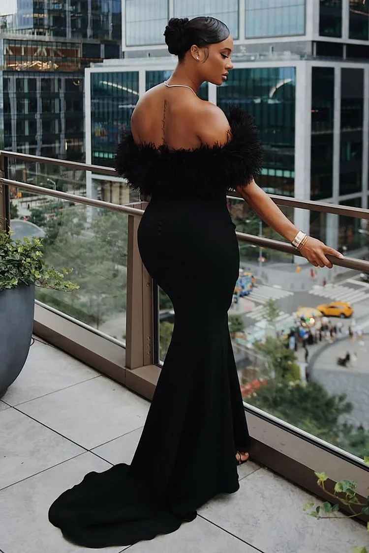 Faux Fur Patchwork Off Shoulder Fishtail Gowns Maxi Dresses-Black [Pre Order]