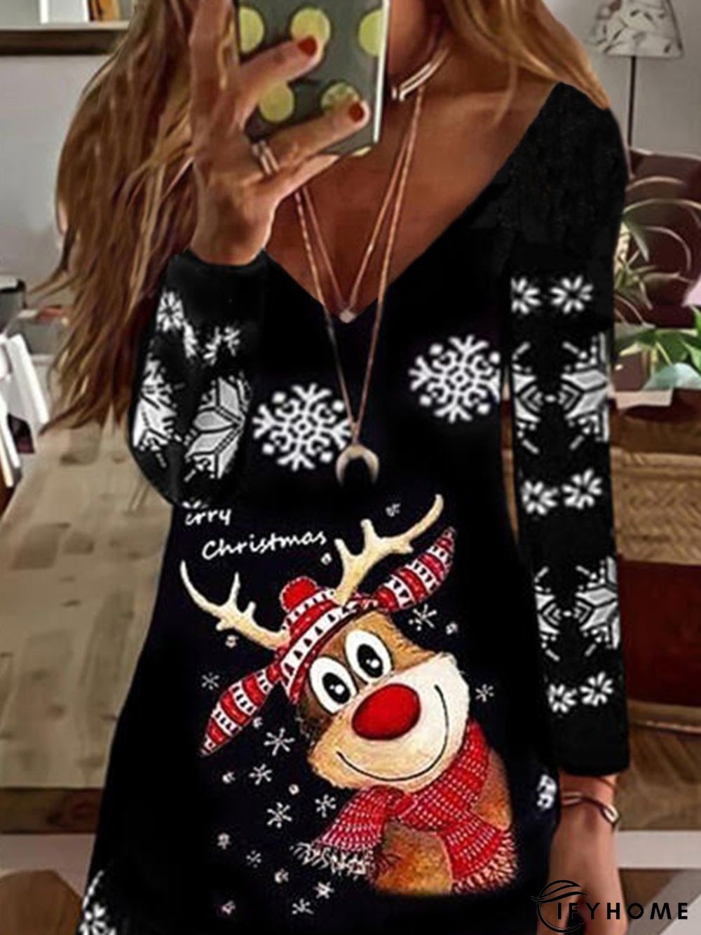 Vintage Christmas Snow Elk Long Sleeve V Neck Casual Knitting Dress Xmas Dress | IFYHOME
