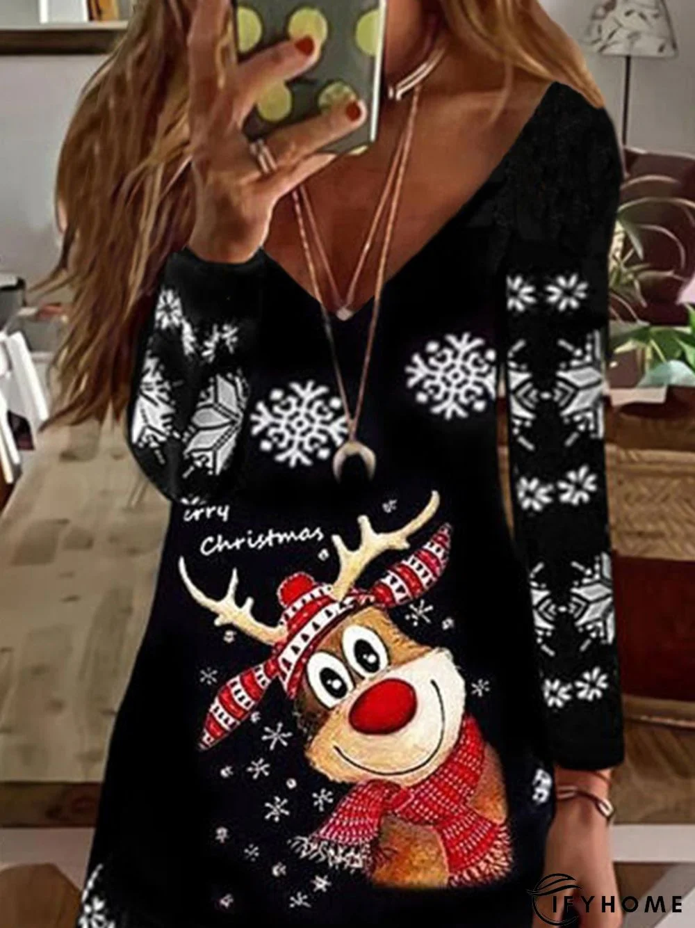 Vintage Christmas Snow Elk Long Sleeve V Neck Casual Knitting Dress Xmas Dress | IFYHOME