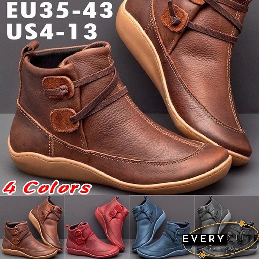 New Fashion Womens Medieval Vintage Leather Boots Braided Strap Flat Heel All Season