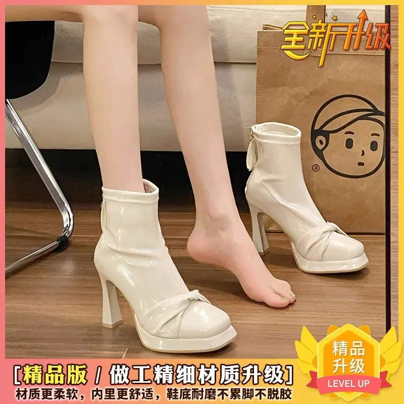 Breakj Breakj With Thick Bottom Height Small Ankle Boots Women 2025 Autumn New Square Bows Short Boots French Elegant Thin Skin Boots
