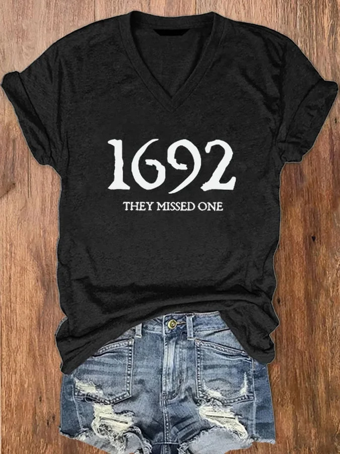 Women's 1692 They Missed One Salem Witch Print V-Neck T-Shirt socialshop