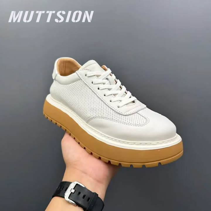 MUTTSION Breathable Hollowout Thick Sole Casual Leather White Shoes