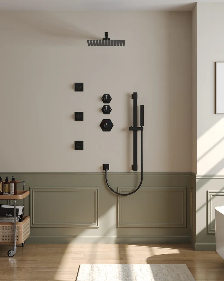 EVERSTEIN SFS-1038-BK12 12" Rainfall Shower Faucet with 5-Spray Patterns, Wall Mounted, 3 massage jets and Rough-in Valve