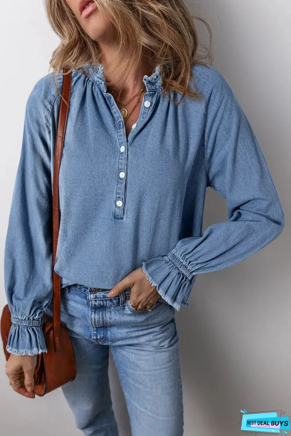 Sky Blue Frilled Raw Hem Half Buttoned Denim Top