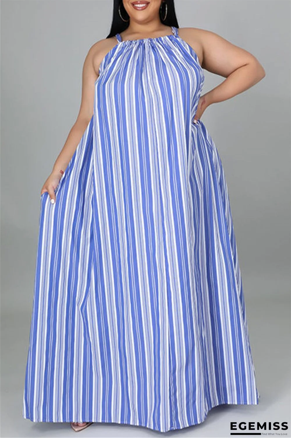 Light Blue Fashion Casual Plus Size Striped Print Backless O Neck Sleeveless Dress | EGEMISS