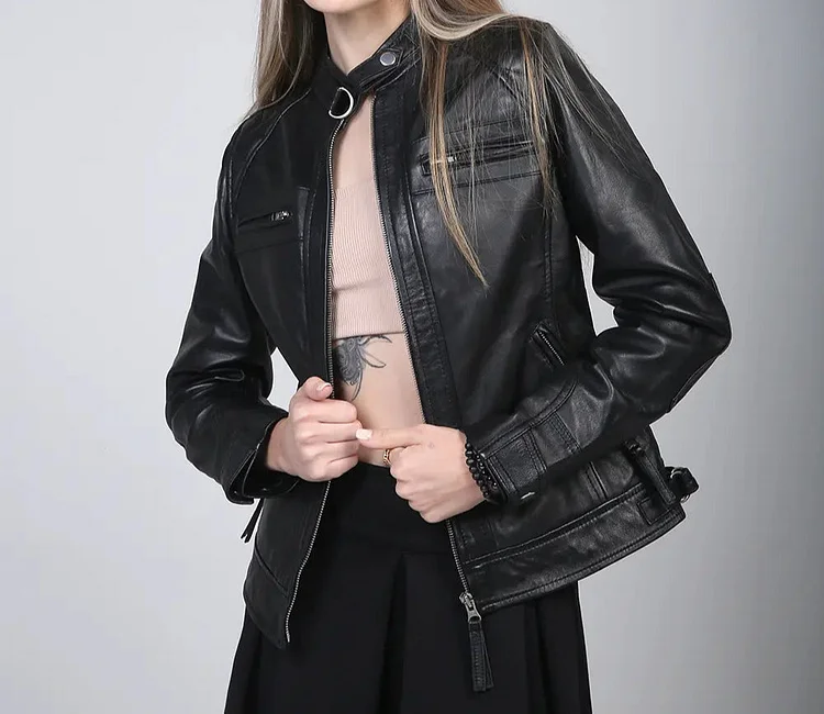 Johnson Women Black Cafe Racer Leather Jacket QueenFunky