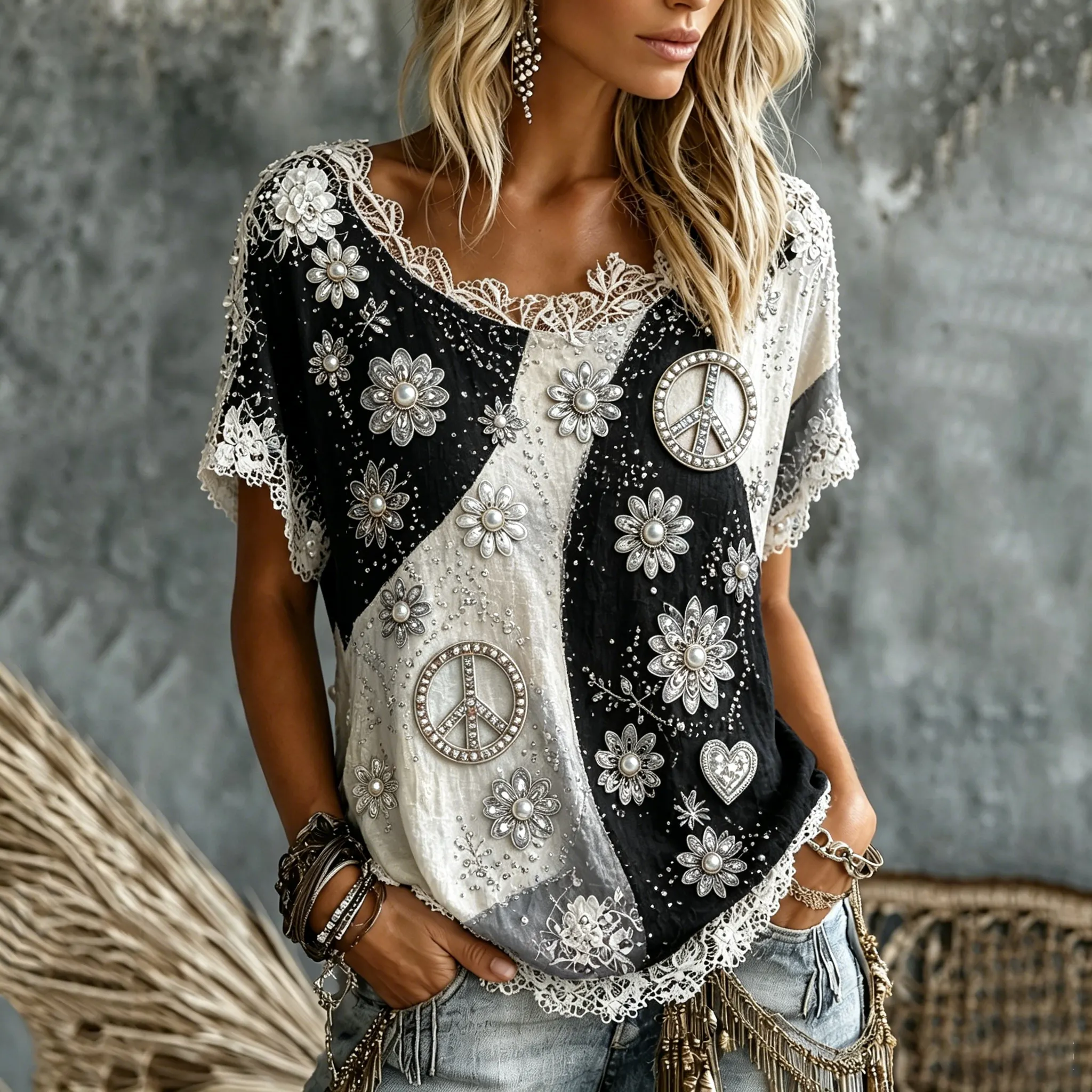 Women's Pearl Floral Peace Sign Tie Dye Art Print Casual T-shirt elevenforest
