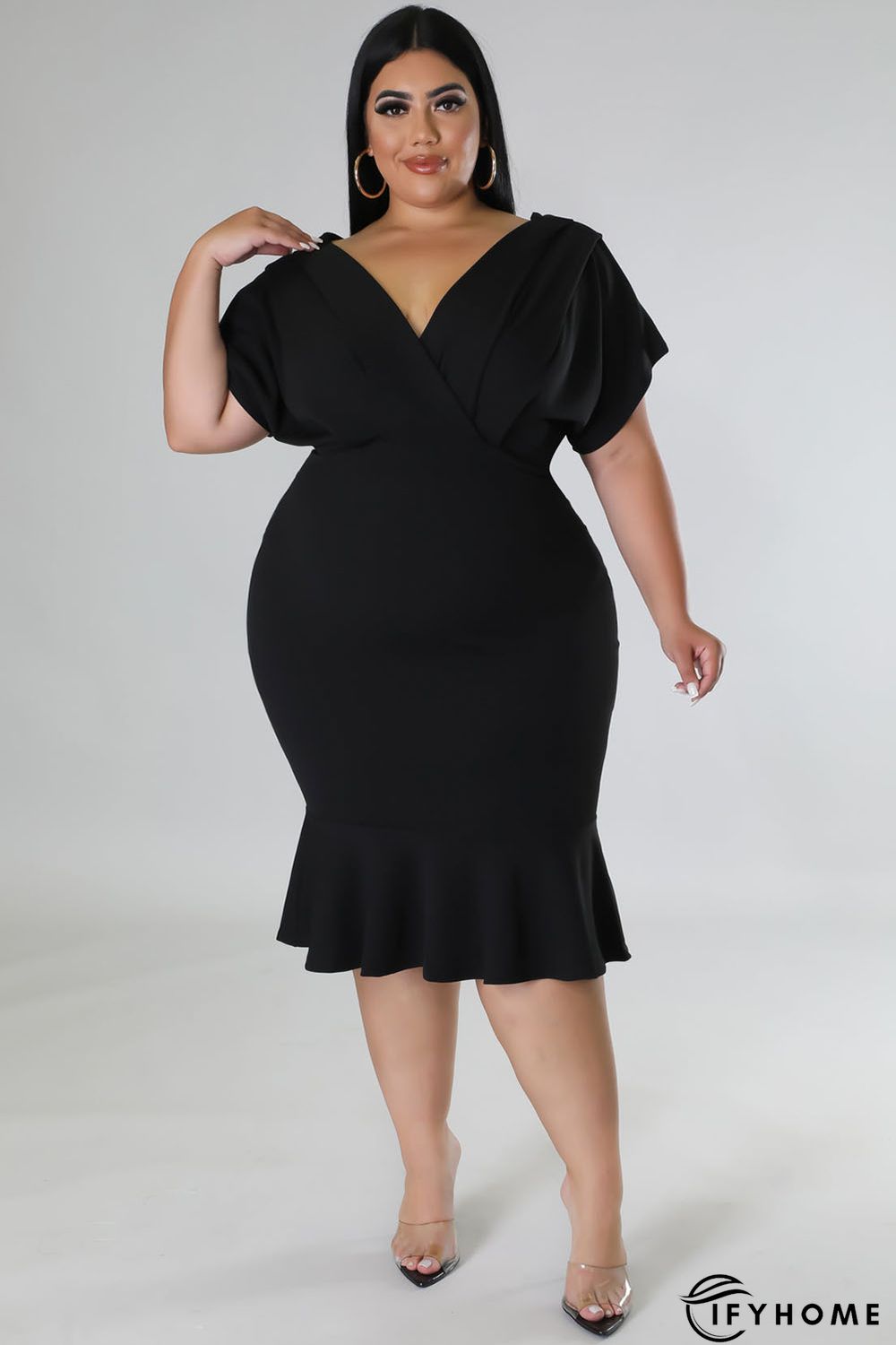 Black Plus Size Pleated V Neck Ruffle Hem Bodycon Dress | IFYHOME
