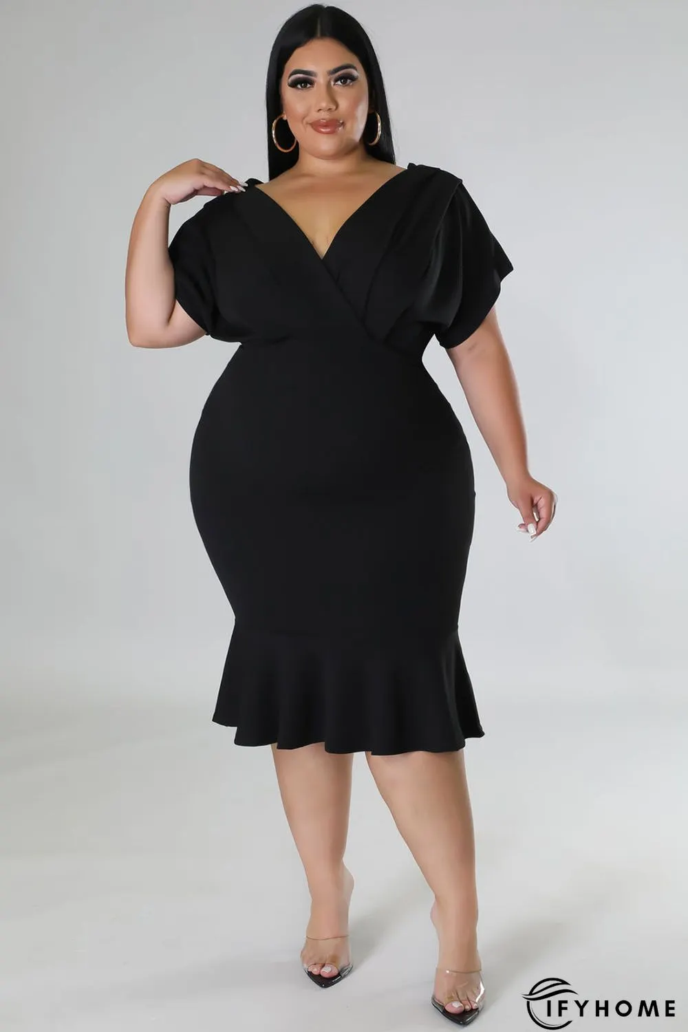 Black Plus Size Pleated V Neck Ruffle Hem Bodycon Dress | IFYHOME