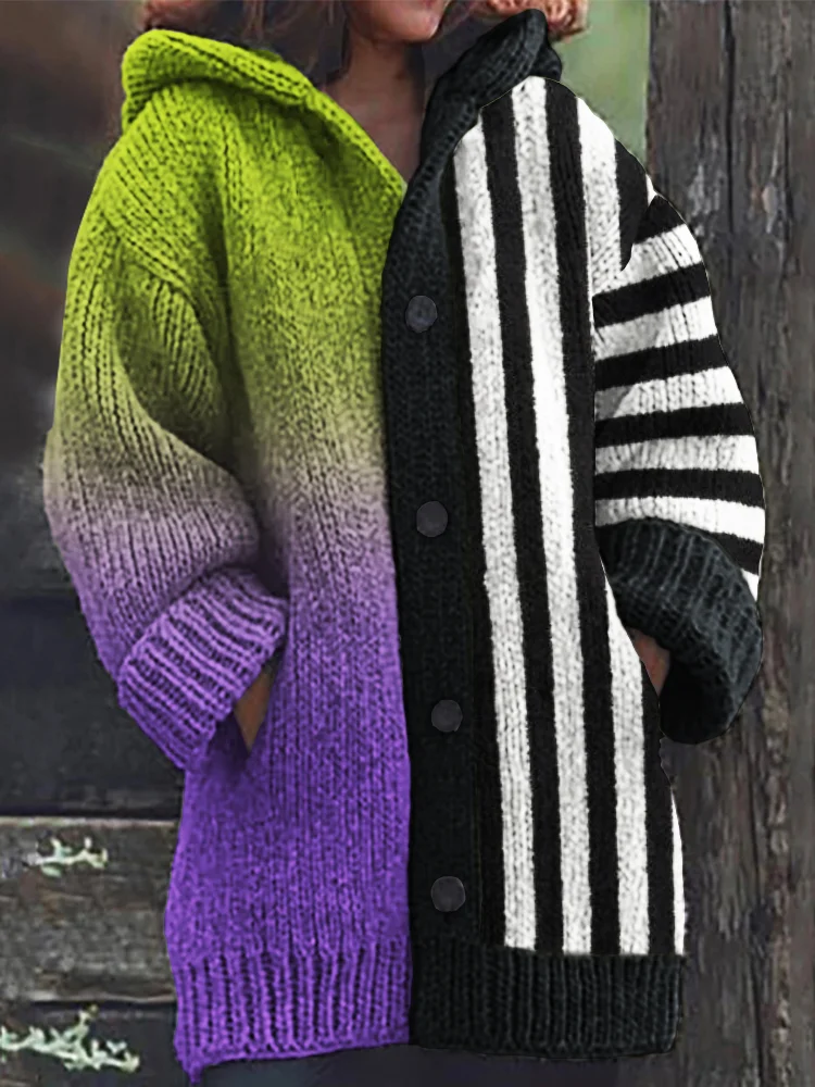 Halloween Horror Movie Gradient Striped Contrast Cozy Knit Hooded Cardigan