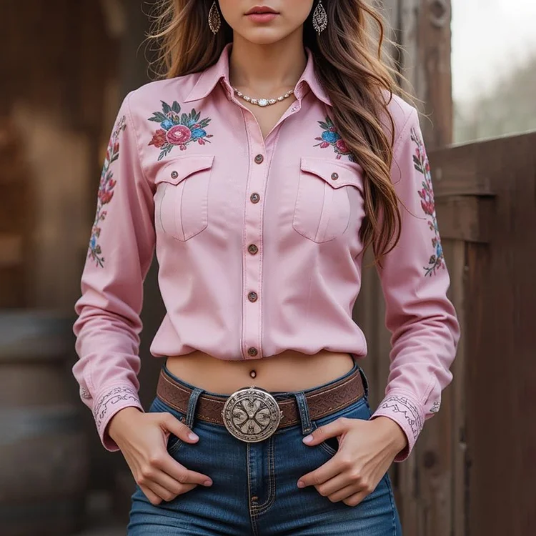 Ursime Shirt Collar Button Floral Embroidery Long Sleeve Blouse