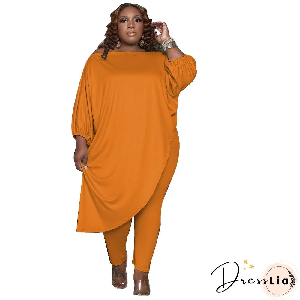 Plus Size Summer Clothes Solid Color Half Sleeve Slant Shoulder Loose Long T Shirt Top Pants 2 Piece Set