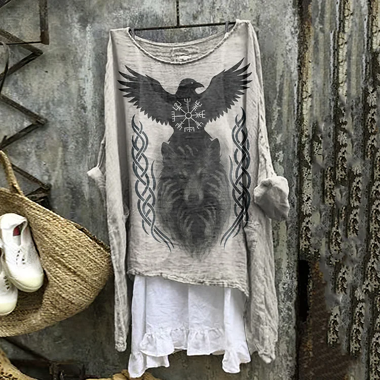 Women's Vintage Viking Wolf Pattern Casual Shirt
