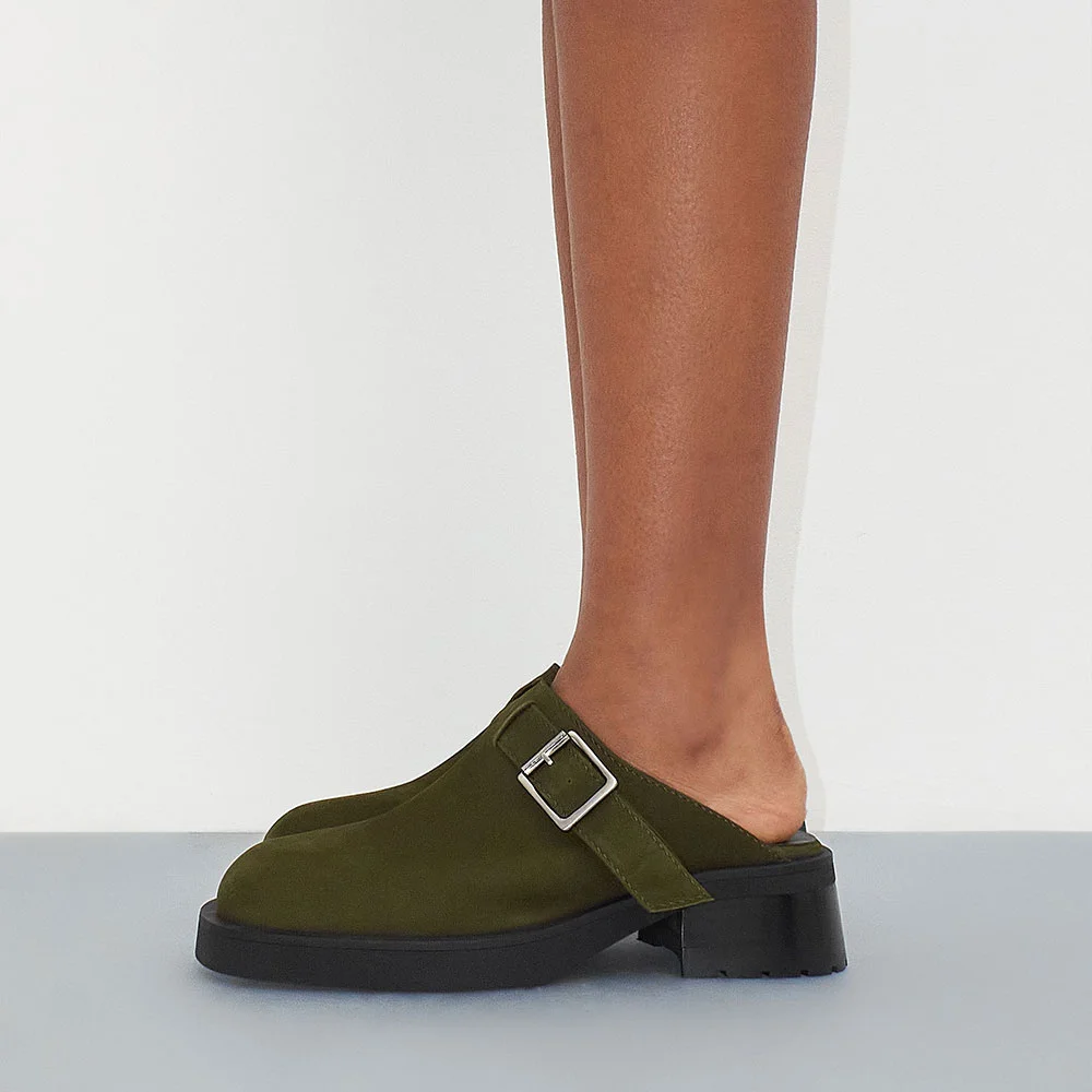 Casual Olive Square Toe Buckled Clogs Block Heeled Mules for Women