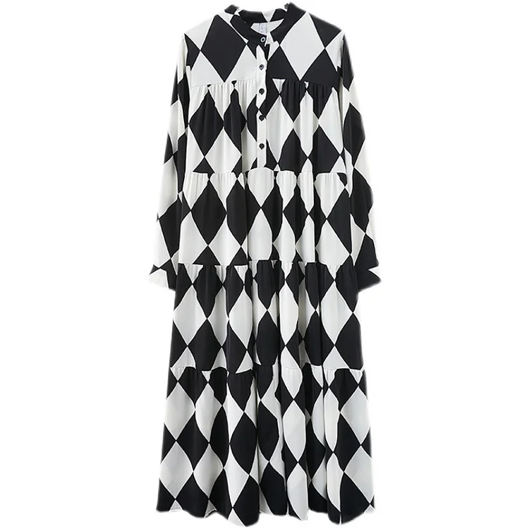 Loose Black White Rhombus Maxi Dress